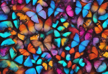 Fototapeta na wymiar Colors of rainbow Pattern of multicolored butterflies morpho texture background multicolored natural mosaic