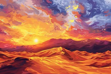 shimmering golden sand dunes beneath fiery sunset sky mountainous landscape illustration