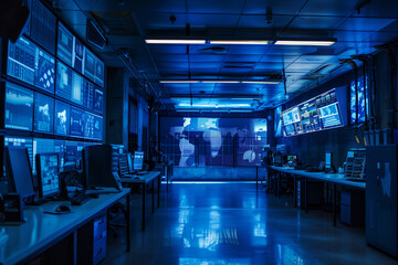 commanding image of the central office hub for cyber control and monitoring, where experts manage national security, technology, and army communications with precision and expertis