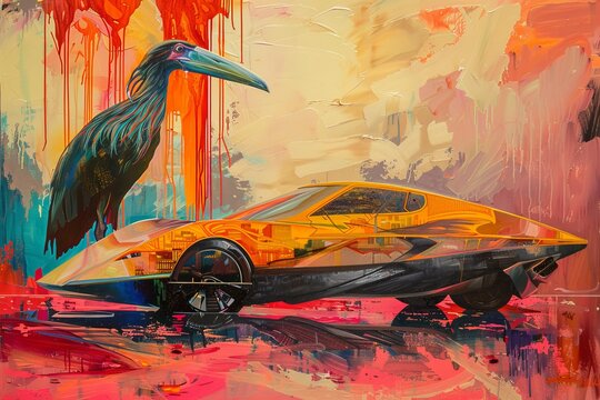 old photo oil painting of big bird standing next to a futuristic concept car, complimentary colours