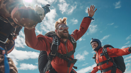 Skydivers celebrating a successful jump with hugs and high fives upon landing. Happiness, love, health, courage, desire to live - obrazy, fototapety, plakaty