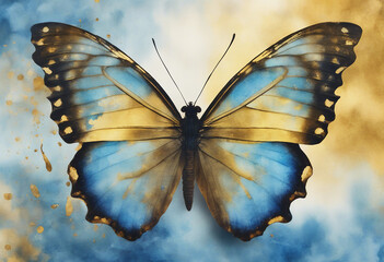 Gold and blue background watercolor paper painted in blue and gold paint bright morpho butterfly Beautiful blue tropical butterfly in flight with wings spread