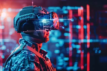 Fotobehang soldier donning virtual reality glasses, exploring virtual battlefields and honing combat skills with state-of-the-art simulation technology, presented in a futuristic tech style. © forenna