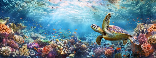 Fototapeta na wymiar Hawksbill sea turtle gracefully swimming over a vibrant tropical coral reef, providing ample copy space for text or design additions. Concept of marine life, natural beauty, and environmental conserva