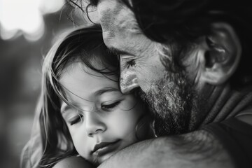 An emotional fathers day shot in black and white with a child in fathers arms.