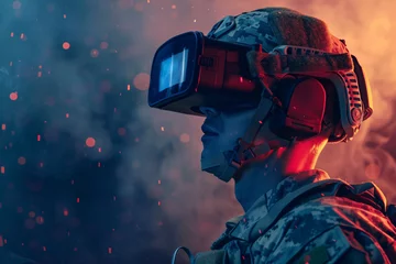 Foto op Plexiglas soldier immersed in virtual reality glasses, navigating virtual environments and engaging in simulated combat situations, showcasing the transformative impact of immersive technolo © forenna