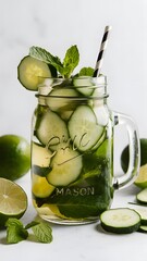 A chic mason jar filled with a refreshing blend of cucumber, mint, and lime infused water, with cucumber and mint leaves floating inside