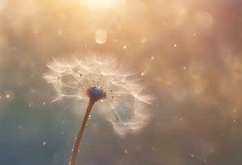 Natural pastel background Seeds of a dandelion flower in drops of water and sun rays