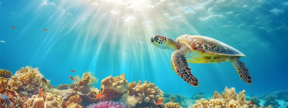 Hawksbill sea turtle swims over a tropical coral reef. Copy space image. Place for adding text or design professional banner
