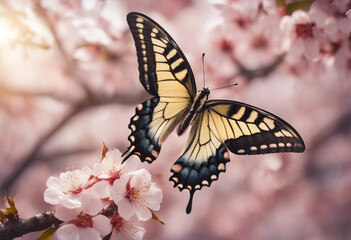 Swallowtail butterfly on a branch of blooming cherry blooming sakura and butterfly spring background