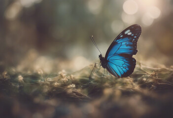 Wings of a butterfly Ulysses Wings of a butterfly texture background Butterfly wings ornament butterfly with beautiful blue-black wings standing on grass side view