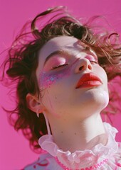 Portrait of a girl kisses. outdoors on a bright sunny day. Clean bright pink background. neon colour