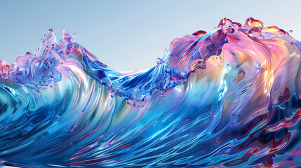an abstract, iridescent wave with a mesmerizing blend of blue, pink, and purple hues. The fluid motion of the wave creates a sense of movement and depth