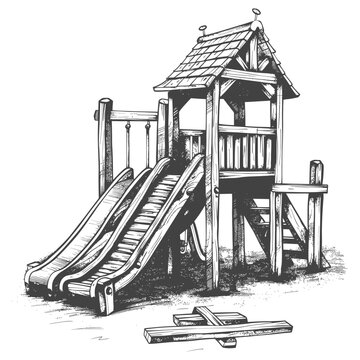play equipment in the playground image using Old engraving style