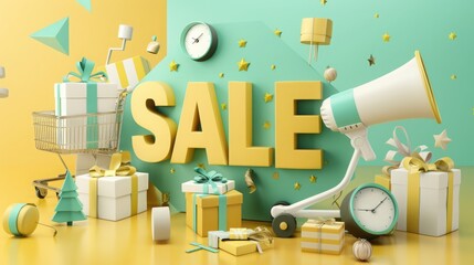 Great discount banner design with SALE text phrase on green and yellow background with gift box, shopping cart bag and alarm clock elements megaphone with product stand 3d rendering - obrazy, fototapety, plakaty
