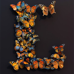 Letter L made of butterflies, isolated on black background. Vector illustration.
