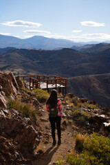 Unrecognizable young woman walking towards a wooden tourist lookout overlooking the mountains of Patagonia Argentina. Vertical photo.