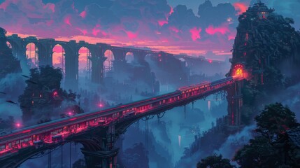 Stunning industrial-style bridge in a mystical landscape under a vibrant sunset