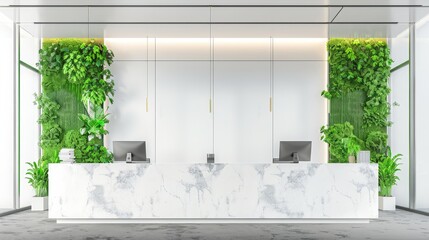 Front view of a white marble reception desk with two laptops standing on it in front of a modern office wall. with vertical garden grass wall and meeting room on carpet floor. 3d rendering, mock up