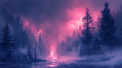Enchanting cybernetic forest glowing with pink lights under misty sky