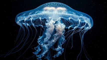 Glowing jellyfish with ethereal tendrils and captivating eyes in a dark ocean environment - obrazy, fototapety, plakaty