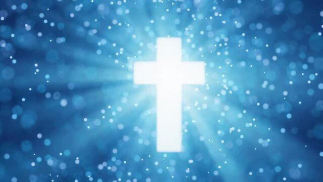 White cross on blue background. Shining particles and beatiful light rays coming from the cross of Jesus. Salvation, truth and atonement from sins, Christianity and Holy Spirit related video. 