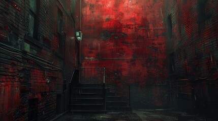 Dramatic lighting in a red and black textured alleyway with a mysterious ambiance