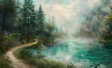 A winding path leading through the forest, with mist rising from an emerald green lake in front of it and tall pine trees lining its edge Generative AI - obrazy, fototapety, plakaty