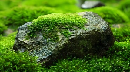 An isolated stone adorned with lush green moss, showcasing the beauty and serenity of nature.
