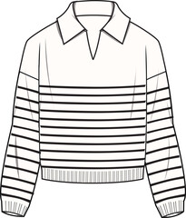 Women's Striped V Polo Neck, Jumper- Technical fashion illustration. Front, white and black color. Women's CAD mock-up.