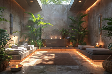 luxurious modern bathroom with natural elements and ambient lighting - obrazy, fototapety, plakaty