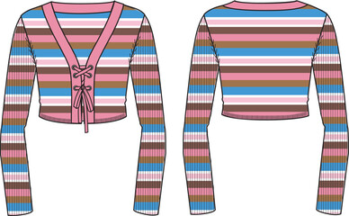 Women's Striped Tie Front Crop Knit Top. Technical fashion illustration. Front and back, multi color. Women's CAD mock-up. - obrazy, fototapety, plakaty