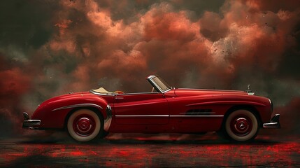 Vintage red convertible car with dramatic cloudy sky in the background