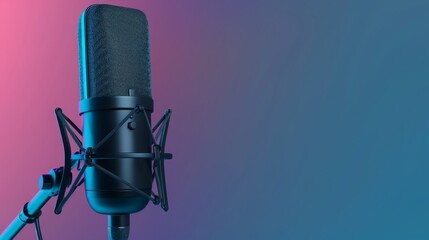 studio microphone banner with red and blue neon lights. space for text. 3d rendering