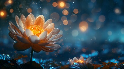 Enchanting night blossom: A luminous flower emerges amid twinkling lights