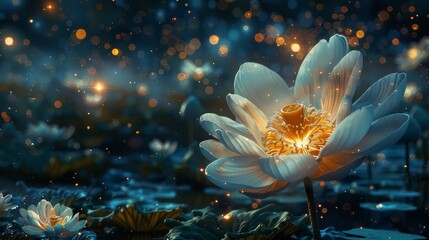 Fototapeta na wymiar Enchanting night blossom: A luminous flower emerges amid twinkling lights