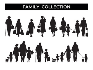 Silhouettes of grandparents walking with their grandchildren, family