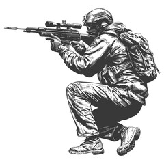 sniper army soldier in action full body image using Old engraving style