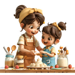 A 3D animated cartoon render of a joyful mom and kid mixing ingredients for ice cream.