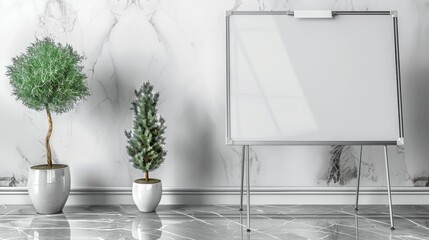 whiteboard mockup on marble floor for presentation of design or text. 3d render