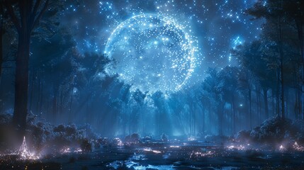 Enchanting night scene in a mystical forest with glowing lights and a starry sky - obrazy, fototapety, plakaty