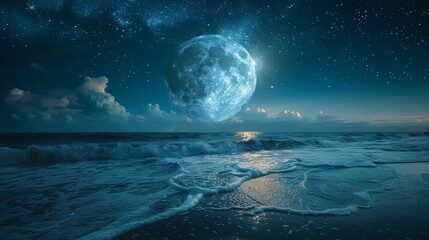 Naklejka na ściany i meble Futuristic beach scene with a giant moon and starry night sky