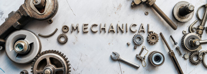 metal background of mechanical tools and pipes of cogs and wheels and wrench bolts for engineering MEP plumbing fixing and repair services as wide banner with copy space