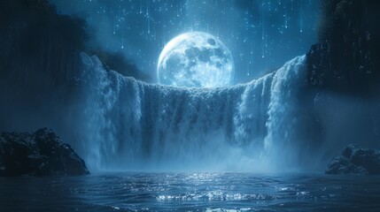Mystical moonlit waterfall with twinkling stars and a giant moon in a serene night setting - obrazy, fototapety, plakaty