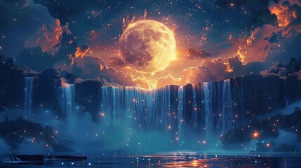 Mystical moonlit waterfall with twinkling stars and a giant moon in a serene night setting