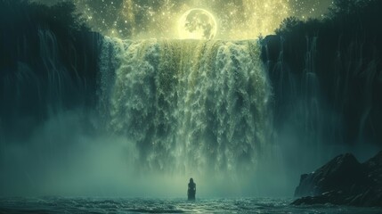 Mystical moonlit waterfall with twinkling stars and a giant moon in a serene night setting - obrazy, fototapety, plakaty