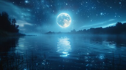 Enchanting nocturnal scene on a serene lake under the luminescent full moon