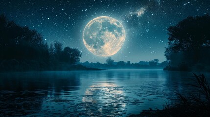 Enchanting nocturnal scene on a serene lake under the luminescent full moon