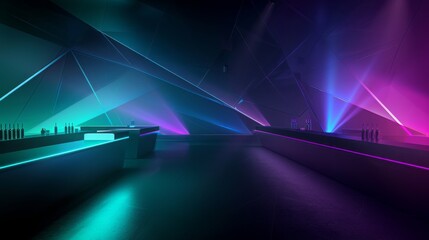 Night club interior neon lights. 3d render for laser show. Fluorescent vivid colors background. Neon corridor background. - obrazy, fototapety, plakaty