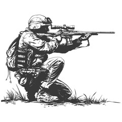 sniper army soldier in action full body image using Old engraving style